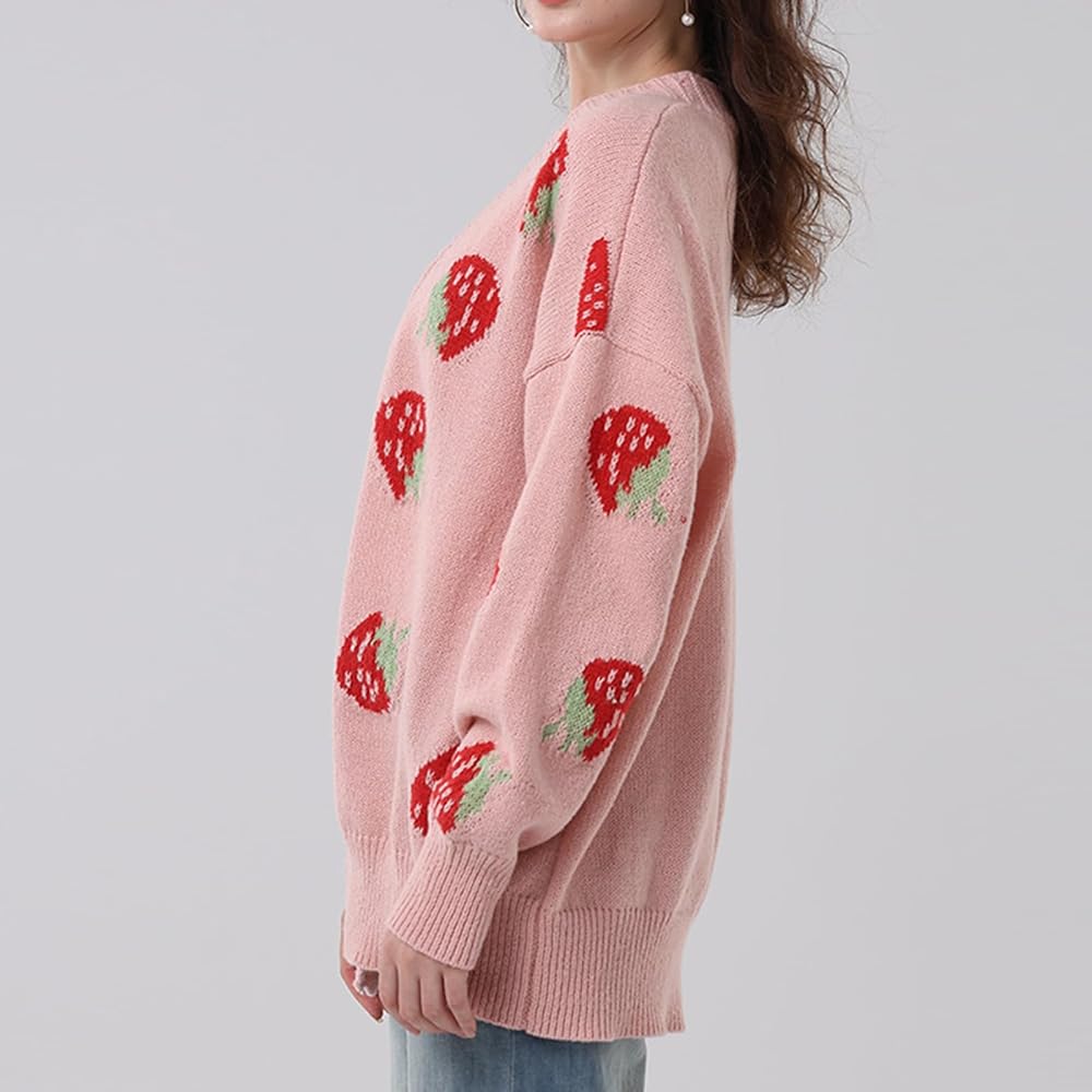 Women Y2k Cardigan Sweater Strawberry Print Long Sleeve Drop